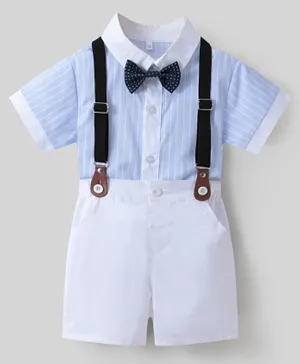 Kookie Kids Striped Shirt & Short Bottom Set With Suspenders & Bow Tie - White & Blue
