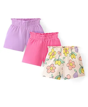 Bonfino Cotton Knit Above Knee Length Solid & Floral Print Shorts Pack of 3 - Pink/Lavender/Beige