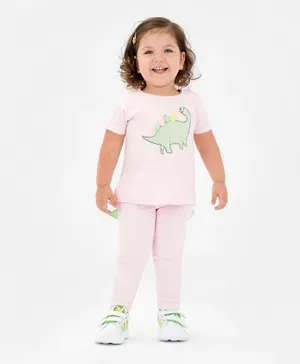 Bonfino Cotton Knit Half Sleeves T-Shirt & Leggings Set With Dino Patch - Pink