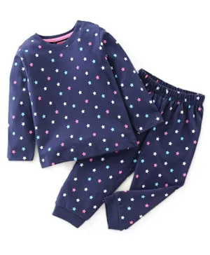 Babyhug Cotton Knit Full Sleeves Night Suit Star Print - Navy Blue