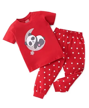 Babyhug Cotton Knit Half Sleeves Night Suit With Panda & Star Print - Red