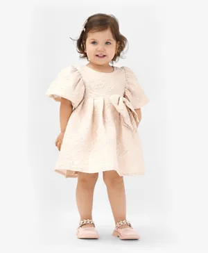 Bonfino Woven Half Sleeves Fit & Flare Party Dress With Floral Embroidery & Bow - Pink