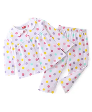 Babyhug Single Jersey Knit Full Sleeves Front Open Pyjama Set Polka Dots Printed - White