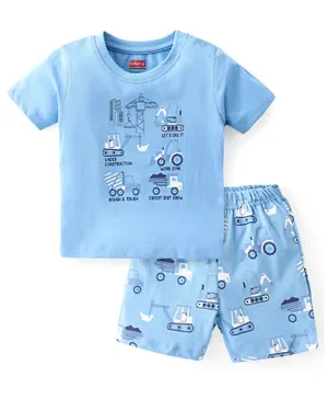 Babyhug Single Jersey Knit Half Sleeves Night Suit Construction Vehicles Printed - Blue