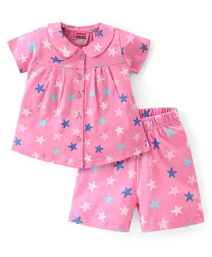 Babyhug Cotton Knit Half Sleeves Front Open Night Suit Star Print- Pink
