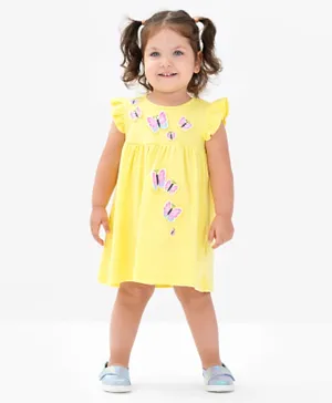 Bonfino 100% Cotton Knit Frill Sleeves Dress with 3D Butterflies - Yellow