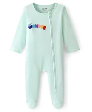 Bonfino 100% Cotton Knit Full Sleeves Sleepsuit With Text Embroidery - Blue