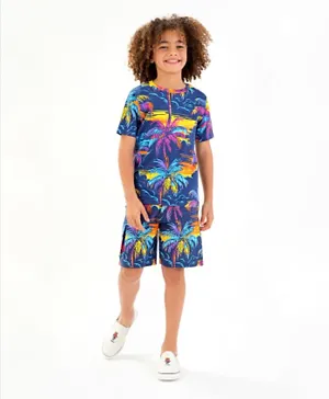 Ollington St. 100% Cotton Knit Half Sleeves T-Shirt & Shorts/Co-ord Set With All Over Tropical Print – Navy Blue