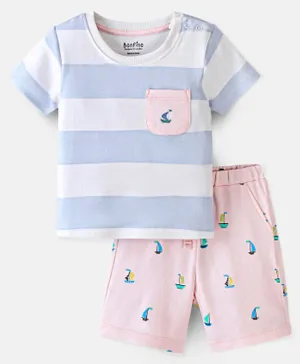 Bonfino Cotton Half Sleeves Striped T-Shirt & Shorts Sets Boats Print - Peach White & Blue