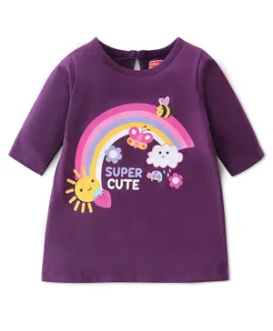 Babyhug Cotton Knit Three Fourth Sleeves Baby Gown With Rainbow & Butterfly Print - Purple