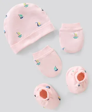 Bonfino 100% Cotton Knit Cap Mittens & Booties Set Boat Print - Pink
