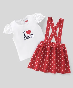 Babyhug 100% Cotton Knit Half Sleeves Text Print Top & Polka Dot Print Skirt-White & Red
