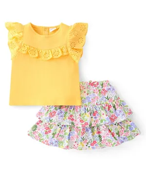 Babyhug 100% Cotton Sleeveless  Top & Skirt Set with  Frill Detailing & Floral Print - Yellow & White