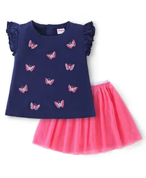 Babyhug Cotton Knit Half Sleeves Top & Skirt Butterfly Embroidered - Pink & Navy Blue