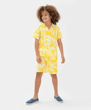 Ollington St. 100% Cotton Knit Half Sleeves Shirt & Shorts Set Floral Print -Yellow