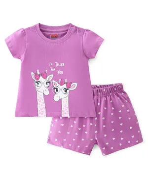 Babyhug Single Jersey Knit Half Sleeves Night Suit Giraffe Printed - Lavender