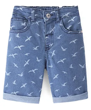 Babyhug Cotton Denim Above Knee Length Bermuda With Stretch Bird Print- Blue