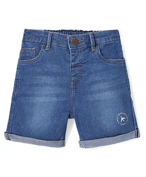 Babyhug Cotton Blend Knee Length Denim Shorts With Stretch Airplane Print - Blue
