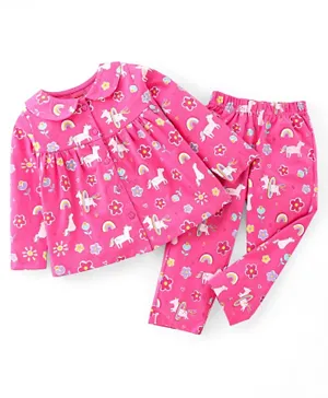 Babyhug Cotton Knit Full Sleeves Night Suit With Unicorn Print - Pink