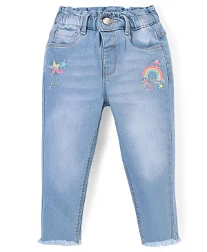 Babyhug Cotton Spandex Full Length Stretchable Denim Jeans with Rainbow Embroidery - Blue