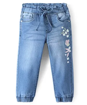Babyhug Cotton Spandex Full Length Washed Stretchable Denim Joggers with Floral Embroidery - Blue