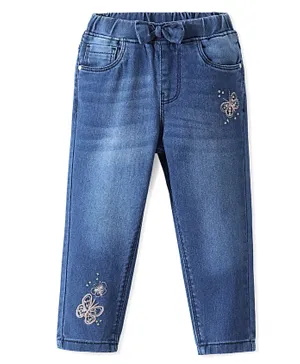 Babyhug Denim Washed Full Length Stretchable Jeans with Butterfly Embroidery -Blue