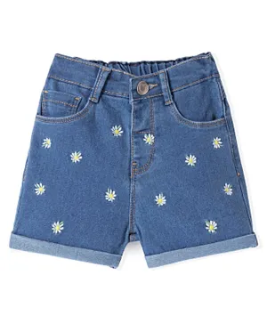 Babyhug Denim Washed Mid Thigh Length Stretchable Shorts with Floral Embroidery -Blue