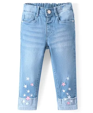 Babyhug Cotton Spandex Full Length Washed Stretchable Denim Jeans with Star Embroidery - Blue