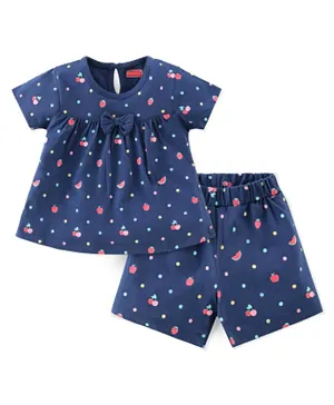 Babyhug Single Jersey Knit Half Sleeves Night Suit Fruits Printed with Bow Applique - Navy Blue