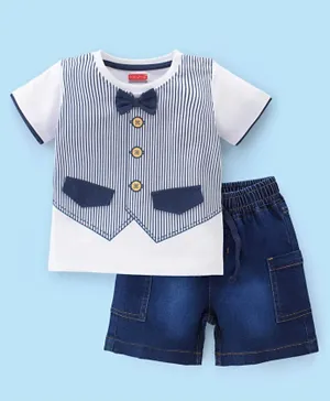 Babyhug Cotton Knit Half Sleeves Striped T-Shirt with Attached Bow & Denim Shorts Set - White & Blue