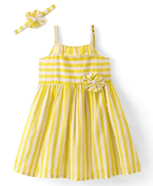 Babyhug Cambric Woven Sleeveless Striped Frock with Floral Applique & Headband -Yellow