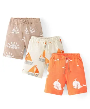 Bonfino 100% Cotton Knit Above Knee Length Shorts With Sea Life Print Pack Of 3 - Brown Cream & Orange