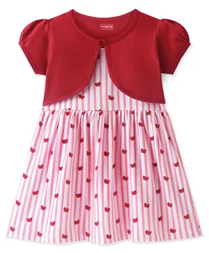 بيبي هاغ - فستان مخطط ومطبوع بالفراشات مع جاكيت قصير- وردي وأحمر