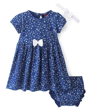 Babyhug 100% Cotton Jersey Knit Half Sleeves Frock With Bloomer & Headband Floral Print - Navy Blue