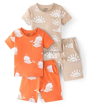 Bonfino 100% Cotton Half Sleeves Night Suit Whales & Sun Print Pack of 2 - Orange & Beige