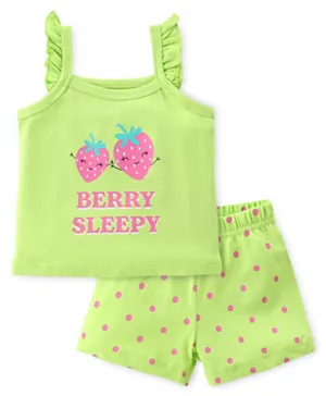 Babyhug Cotton Single Jersey Knit Sleeveless Night Suit Strawberry & Polka Dot Print - Green