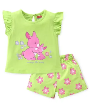 Babyhug Cotton Knit Flutter Sleeve Night Suit with Bunny Print - Green