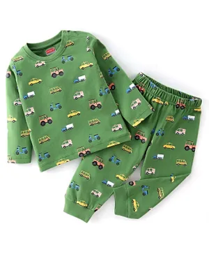 Babyhug Cotton Knit Full Sleeves Night Suit With Vehicle Print - Green