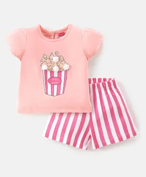 Babyhug Cotton Knit Half Sleeves Night Suit With Pop Corn Print & Applique - Peach & Pink