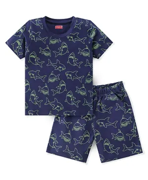 Babyhug Cotton Knit Half Sleeves Night Suit With Shark Print - Navy Blue