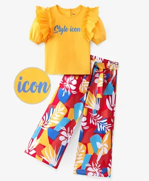 Ollington St. 100% Cotton Flared Sleeves Top with Print & Tropical Printed Culottes Set - Multicolor