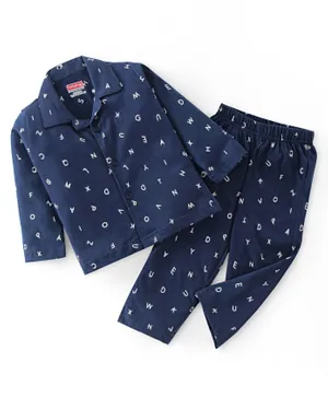 Babyhug Cotton Single Jersey Knit Full Sleeves Pyjama Set Text Print - Navy Blue