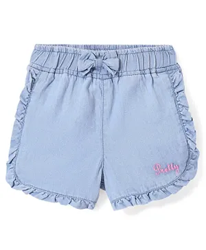 Babyhug 100% Cotton With Stretch Washed Denim Shorts With Text Embroidery - Blue