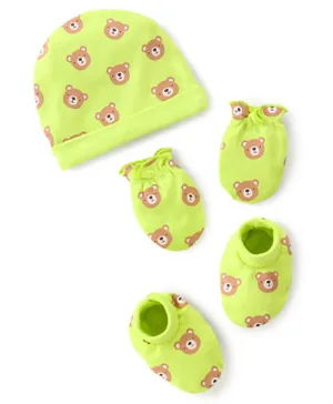 Babyhug 100% Cotton Knit Cap Mittens & Booties Set Teddy Print- Green