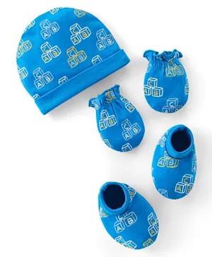 Babyhug 100% Cotton Interlock Knti Cap Mittens & Booties Set Alphabate Print -Blue