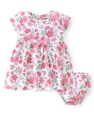 Babyhug Cotton Jersey Knit Half Sleeves Frock With Bloomer Floral  Print & Bow Applique - White
