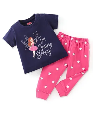 Babyhug Cotton Knit Half Sleeves Night Suit With Fairly Print - Navy Blue & Pink