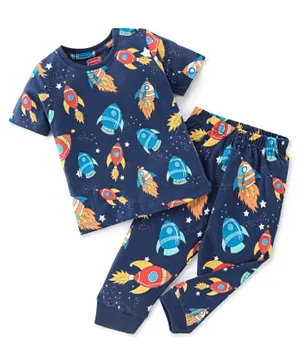 Babyhug Cotton Knit Half Sleeves Night Suit With Rocket Print - Navy Blue