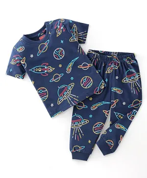 Babyhug Cotton Knit Half Sleeves Solor Print Night Suit - Blue