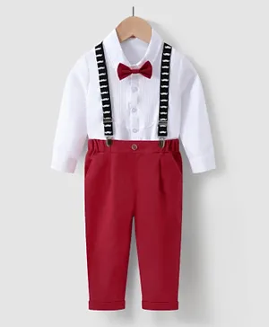 كووكي كيدز - طقم قميص بفيونكة وسروال بحمالات - أبيض، احمر